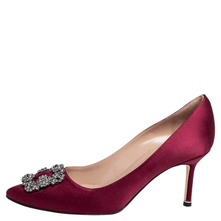 Pre Owned Manolo Blahnik Burgundy Satin Hangisi Pumps Size 39