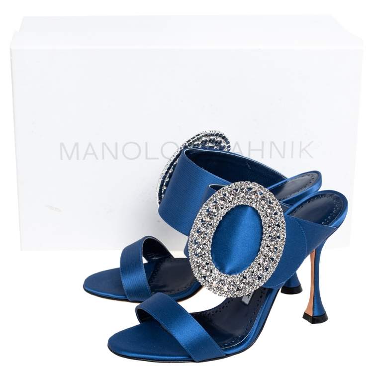 Pre Owned Manolo Blahnik Blue Satin Fibiona Crystal Embellished Mules Size 35.5