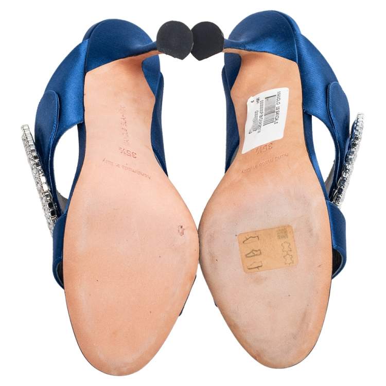 Pre Owned Manolo Blahnik Blue Satin Fibiona Crystal Embellished Mules Size 35.5