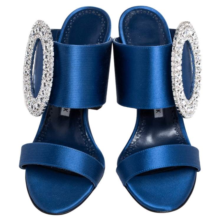 Pre Owned Manolo Blahnik Blue Satin Fibiona Crystal Embellished Mules Size 35.5