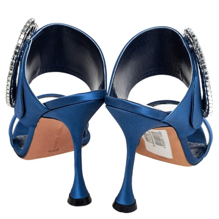 Pre Owned Manolo Blahnik Blue Satin Fibiona Crystal Embellished Mules Size 35.5