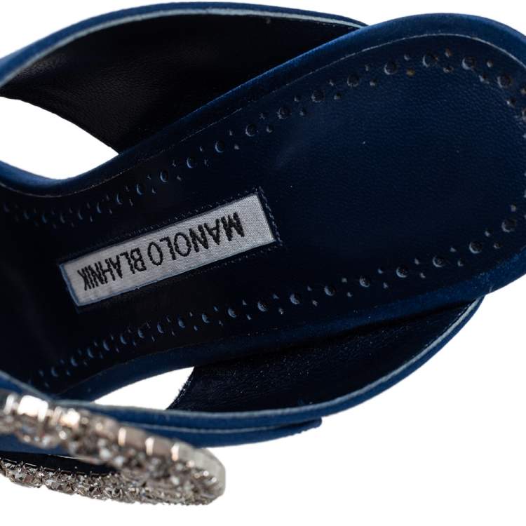 Pre Owned Manolo Blahnik Blue Satin Fibiona Crystal Embellished Mules Size 35.5