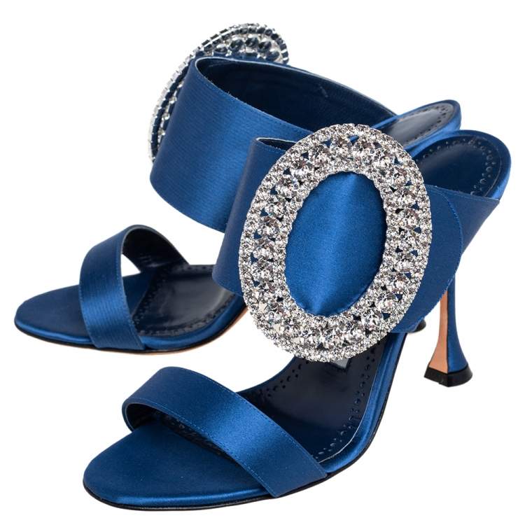 Pre Owned Manolo Blahnik Blue Satin Fibiona Crystal Embellished Mules Size 35.5