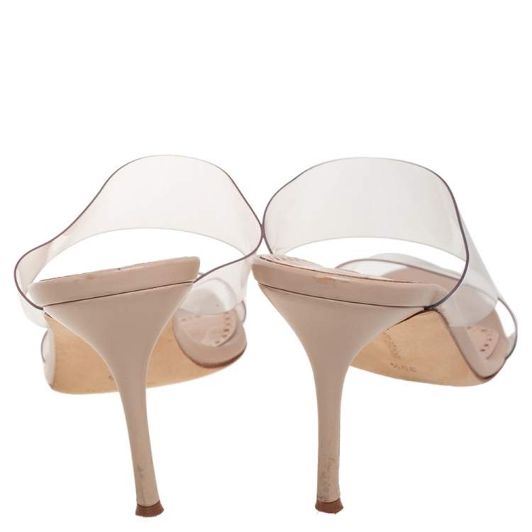 Pre Owned Manolo Blahnik  Beige PVC And Leather Slide Sandals Size 39.5