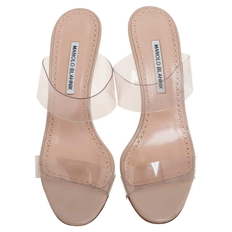 Pre Owned Manolo Blahnik  Beige PVC And Leather Slide Sandals Size 39.5