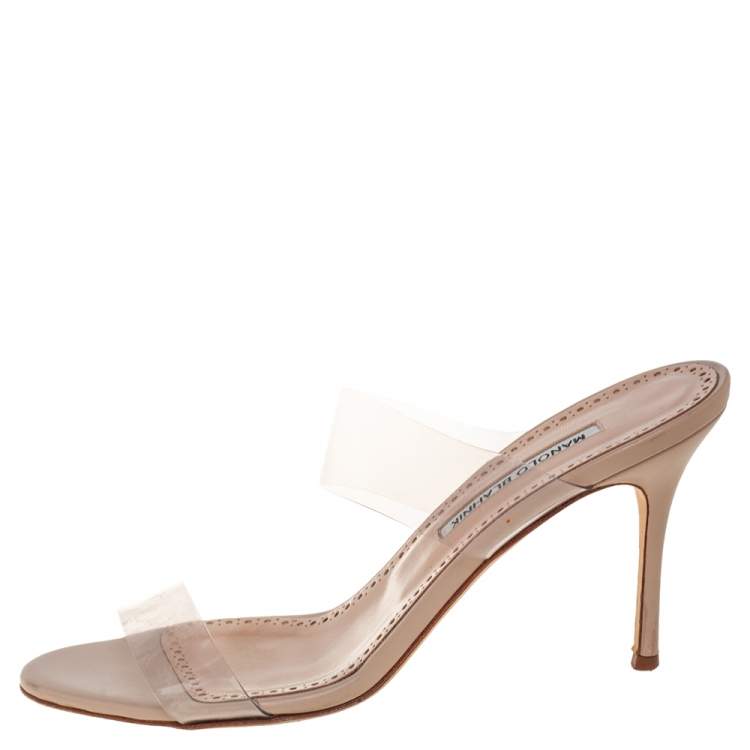 Pre Owned Manolo Blahnik  Beige PVC And Leather Slide Sandals Size 39.5