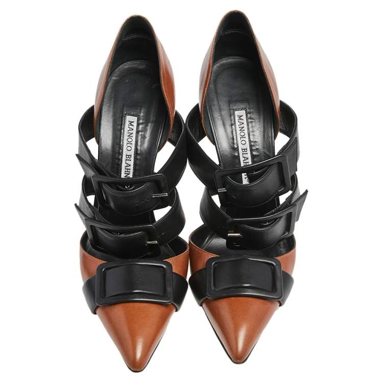 Pre Owned Manolo Blahnik Black/Brown Leather Buckle Details Pointed Toe Pumps Size 39