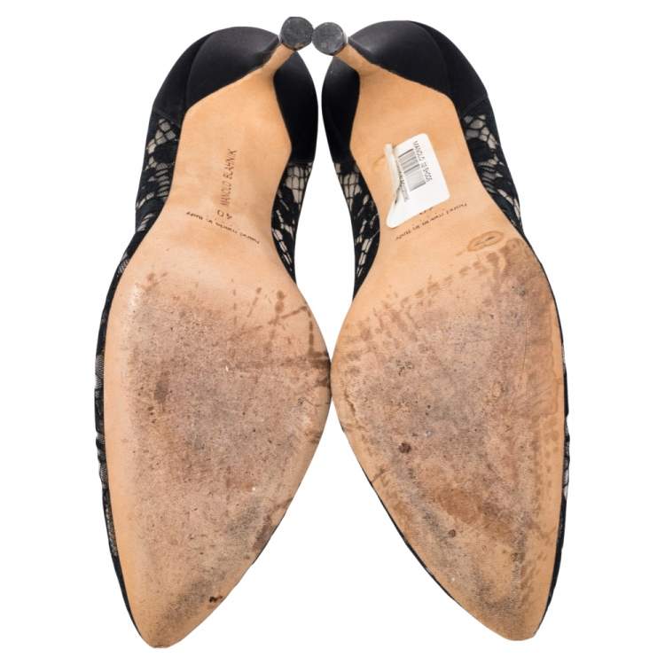 Pre Owned Manolo Blahnik Black Lace And  Satin Hangisi  Pumps Size 40