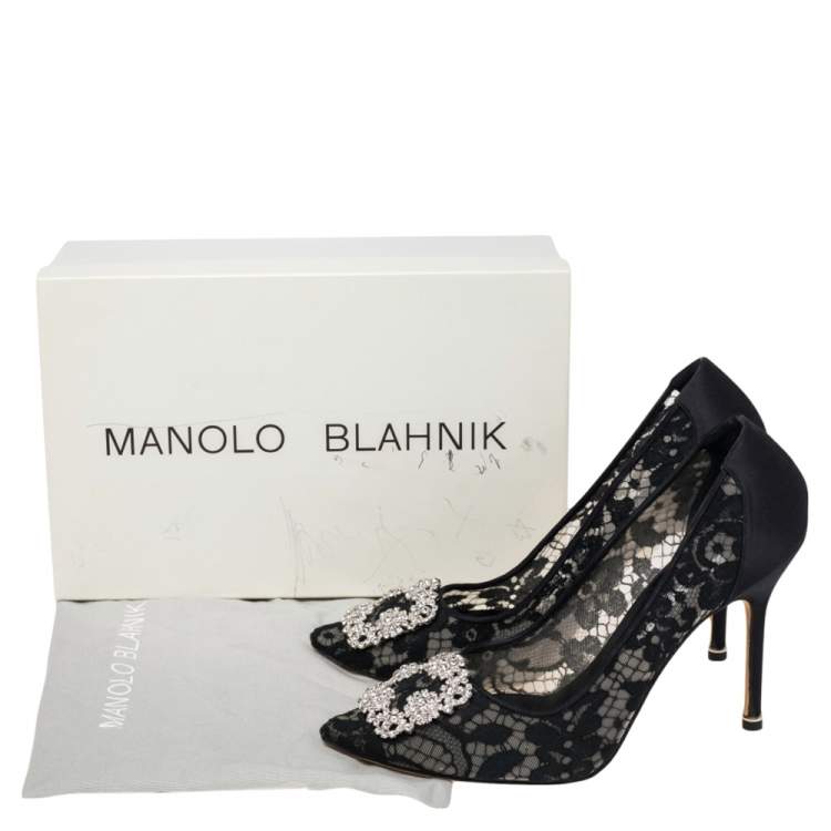 Pre Owned Manolo Blahnik Black Lace And  Satin Hangisi  Pumps Size 40