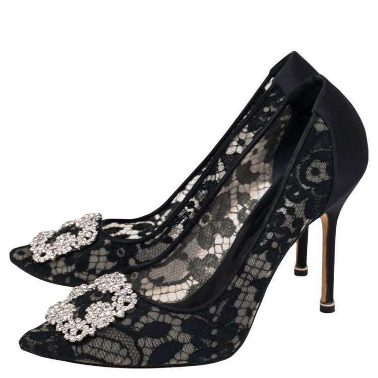 Pre Owned Manolo Blahnik Black Lace And  Satin Hangisi  Pumps Size 40