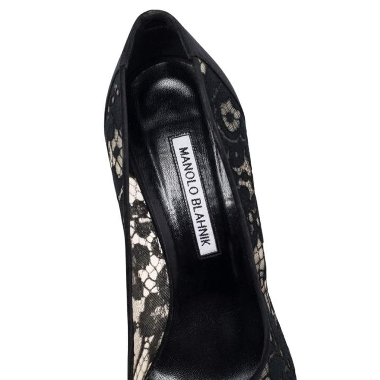 Pre Owned Manolo Blahnik Black Lace And  Satin Hangisi  Pumps Size 40