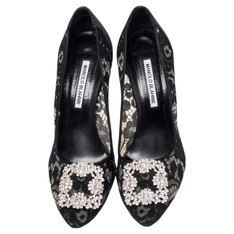 Pre Owned Manolo Blahnik Black Lace And  Satin Hangisi  Pumps Size 40