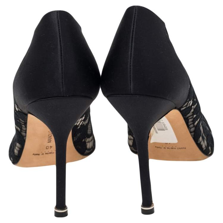 Pre Owned Manolo Blahnik Black Lace And  Satin Hangisi  Pumps Size 40