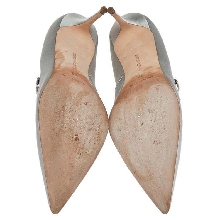 Pre Owned Manolo Blahnik Grey Satin Jewel Nadira Pointed Toe Pumps Size 39