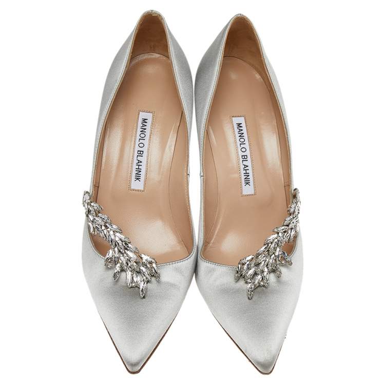Pre Owned Manolo Blahnik Grey Satin Jewel Nadira Pointed Toe Pumps Size 39
