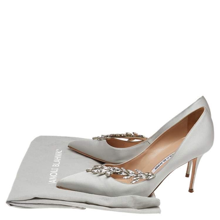 Pre Owned Manolo Blahnik Grey Satin Jewel Nadira Pointed Toe Pumps Size 39