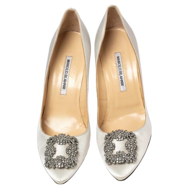 Pre Owned Manolo Blahnik Grey Satin Hangisi  Pumps Size 40.5