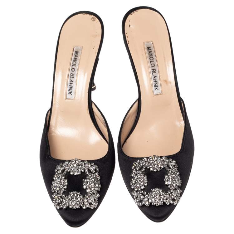 Pre Owned Manolo Blahnik Black Satin Hangisi Pointed Toe Mules Size 38.5