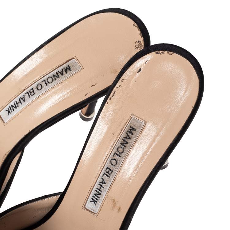 Pre Owned Manolo Blahnik Black Satin Hangisi Pointed Toe Mules Size 38.5