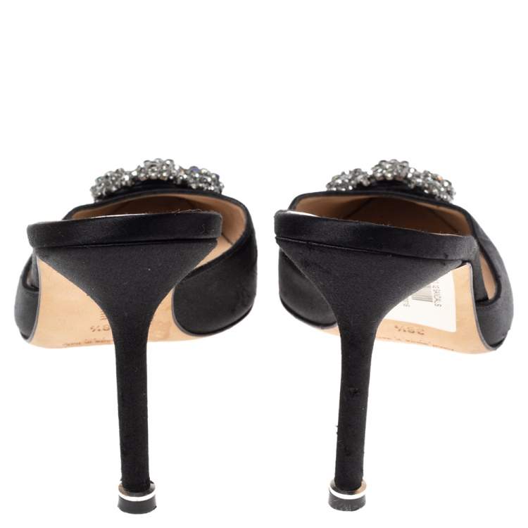 Pre Owned Manolo Blahnik Black Satin Hangisi Pointed Toe Mules Size 38.5