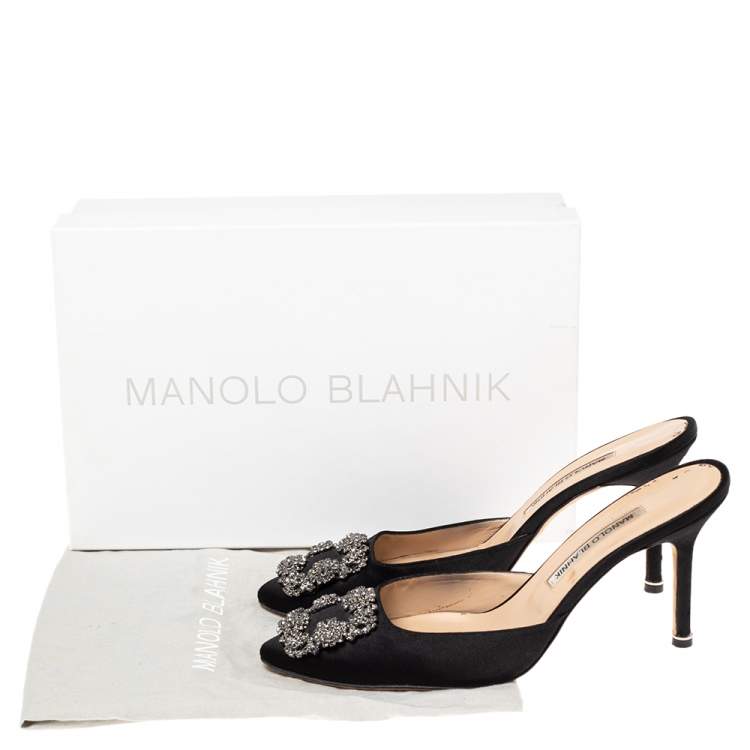 Pre Owned Manolo Blahnik Black Satin Hangisi Pointed Toe Mules Size 38.5