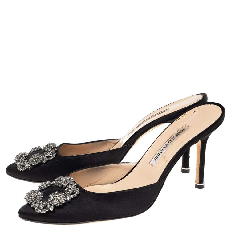 Pre Owned Manolo Blahnik Black Satin Hangisi Pointed Toe Mules Size 38.5