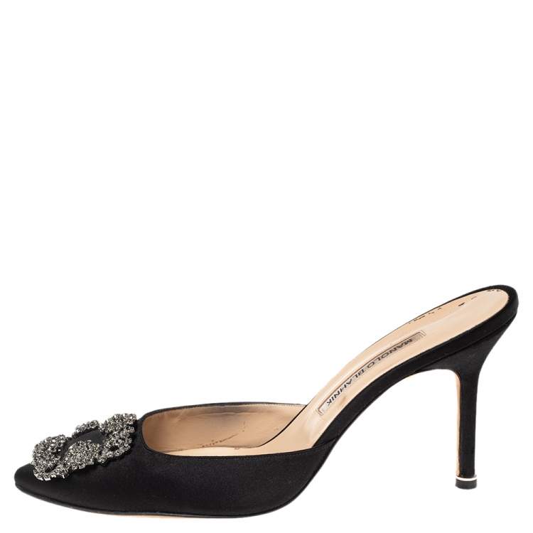 Pre Owned Manolo Blahnik Black Satin Hangisi Pointed Toe Mules Size 38.5