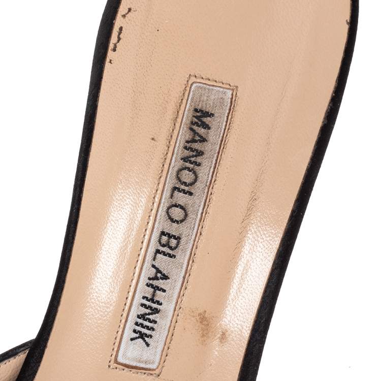Pre Owned Manolo Blahnik Black Satin Hangisi Pointed Toe Mules Size 38.5