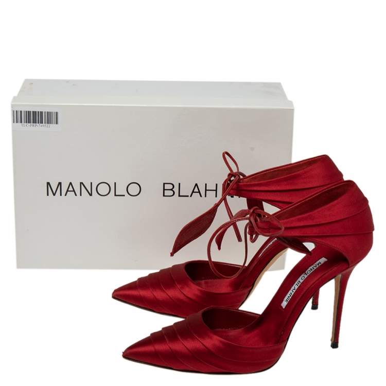 Pre Owned Manolo Blahnik Red Satin Reya Pleated Pointed Toe Ankle Wrap Pumps Size 37