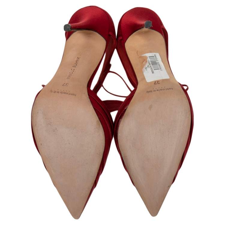 Pre Owned Manolo Blahnik Red Satin Reya Pleated Pointed Toe Ankle Wrap Pumps Size 37