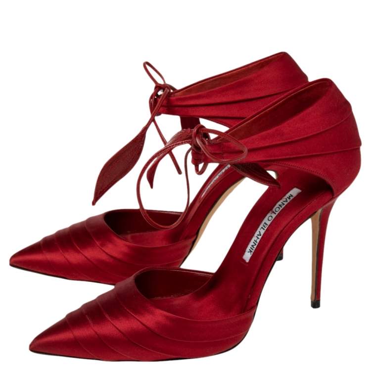Pre Owned Manolo Blahnik Red Satin Reya Pleated Pointed Toe Ankle Wrap Pumps Size 37