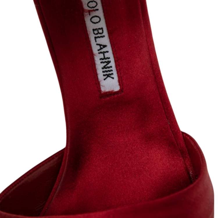 Pre Owned Manolo Blahnik Red Satin Reya Pleated Pointed Toe Ankle Wrap Pumps Size 37