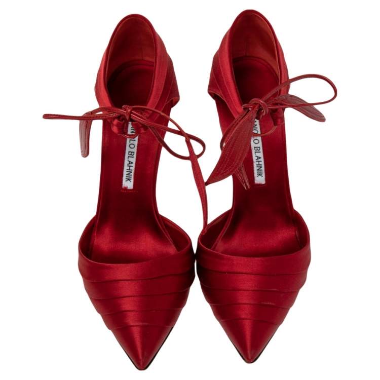 Pre Owned Manolo Blahnik Red Satin Reya Pleated Pointed Toe Ankle Wrap Pumps Size 37