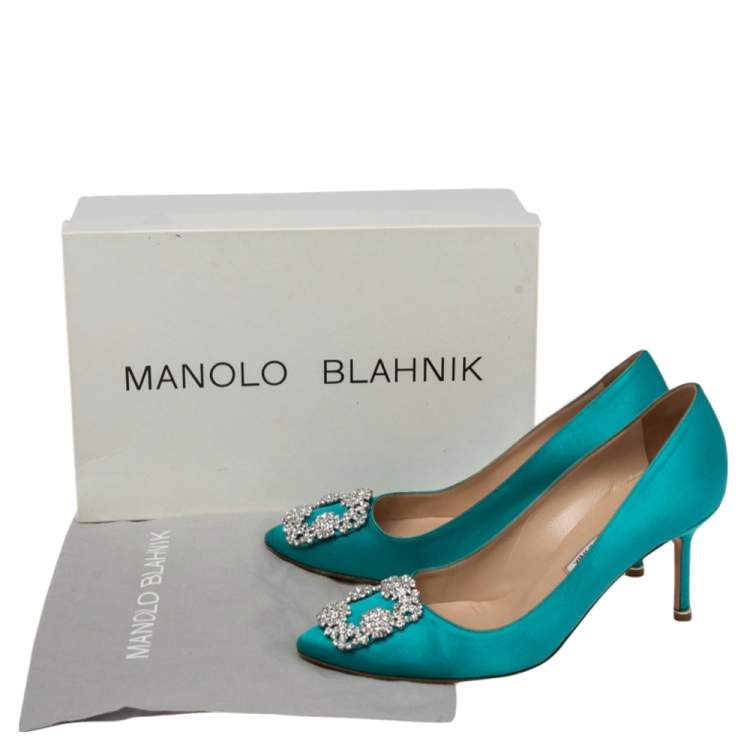 Pre Owned Manolo Blahnik Green Satin Hangisi Crystal Embellished Pumps Size 38