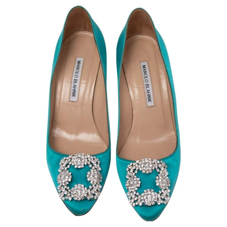 Pre Owned Manolo Blahnik Green Satin Hangisi Crystal Embellished Pumps Size 38