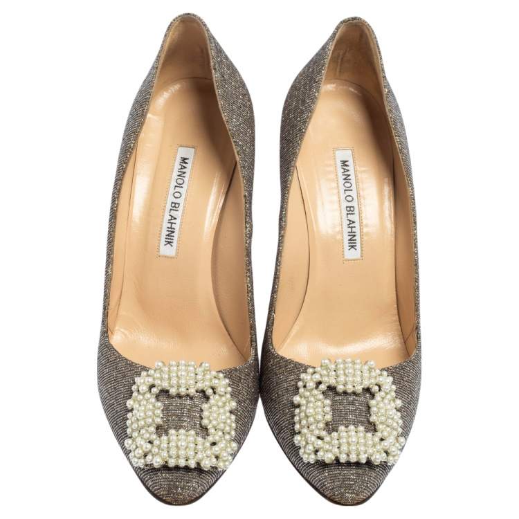 Pre Owned Manolo Blahnik Gold/Silver Shimmery Lamé Fabric Hangisi Pumps Size 37.5
