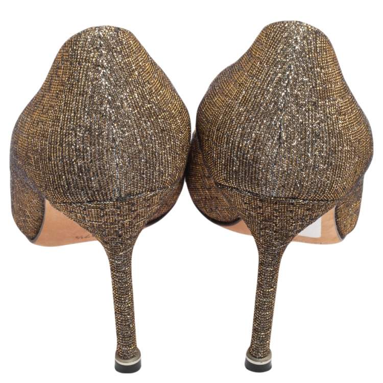 Pre Owned Manolo Blahnik Gold/Silver Shimmery Lamé Fabric Hangisi Pumps Size 37.5