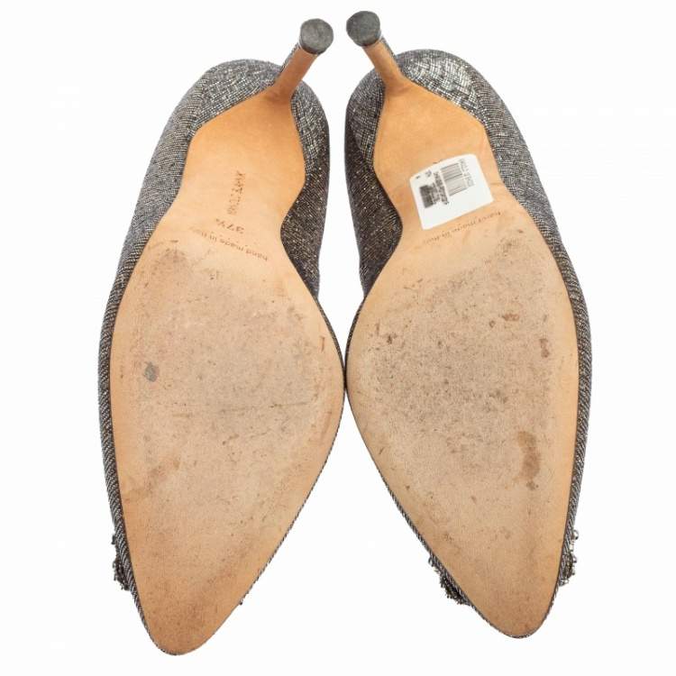 Pre Owned Manolo Blahnik Gold/Silver Shimmery Lamé Fabric Hangisi Pumps Size 37.5