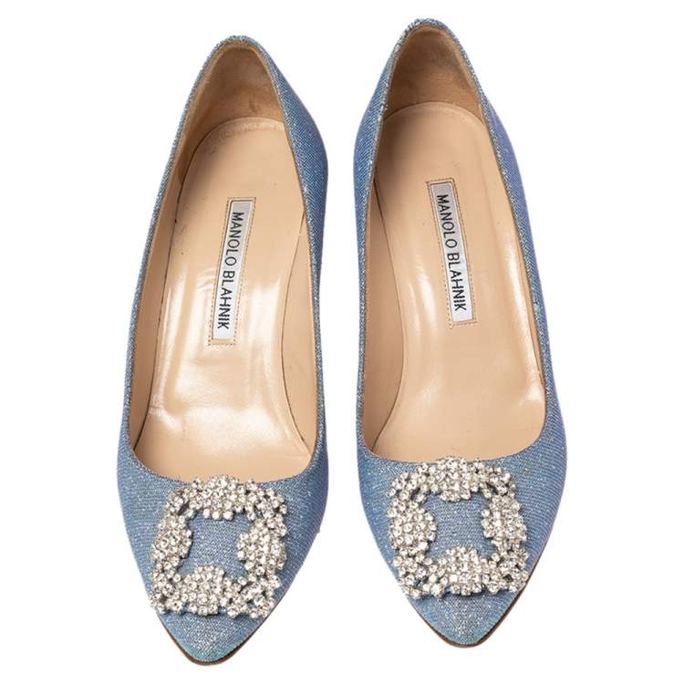 Pre Owned Manolo Blahnik Blue Glitter Fabric Hangisi Pumps Size 36.5