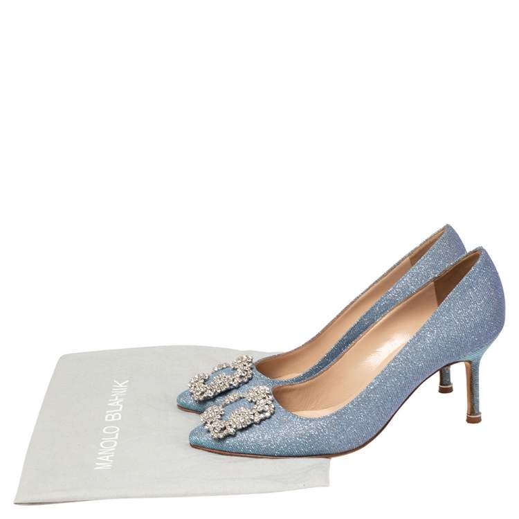 Pre Owned Manolo Blahnik Blue Glitter Fabric Hangisi Pumps Size 36.5
