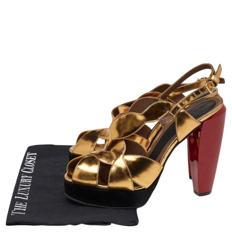 Pre Owned Marni Gold Patent Leather Peep Toe Platform Sandals Size 41