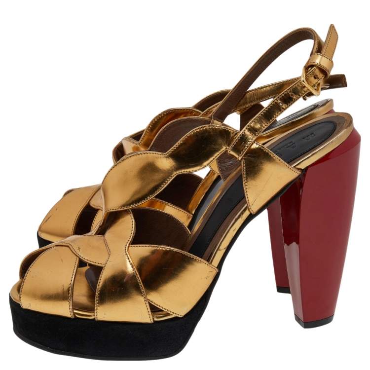 Pre Owned Marni Gold Patent Leather Peep Toe Platform Sandals Size 41