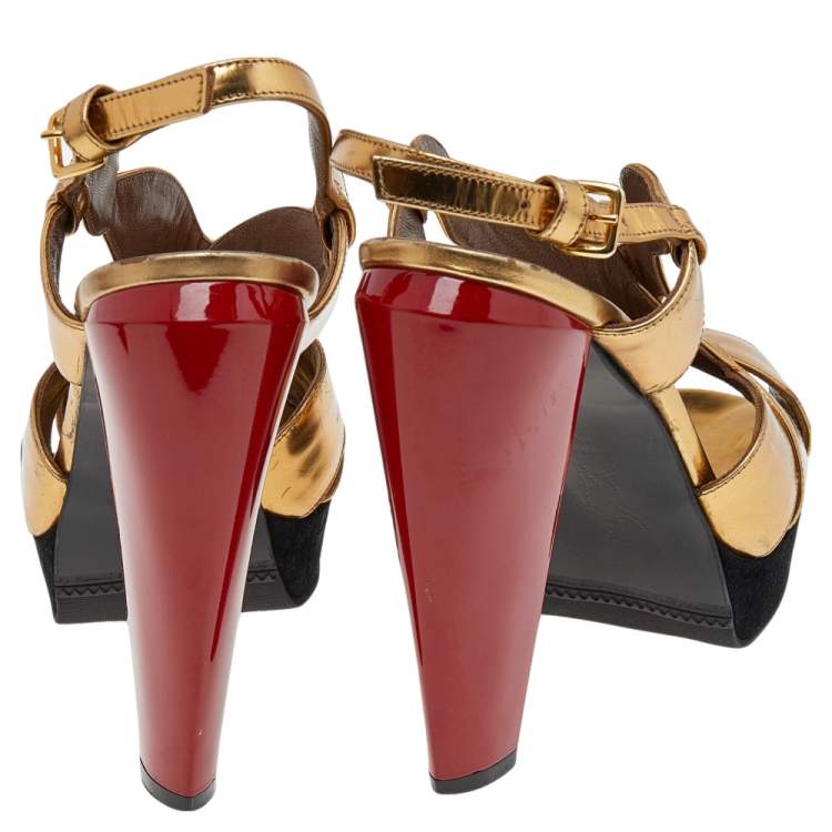 Pre Owned Marni Gold Patent Leather Peep Toe Platform Sandals Size 41