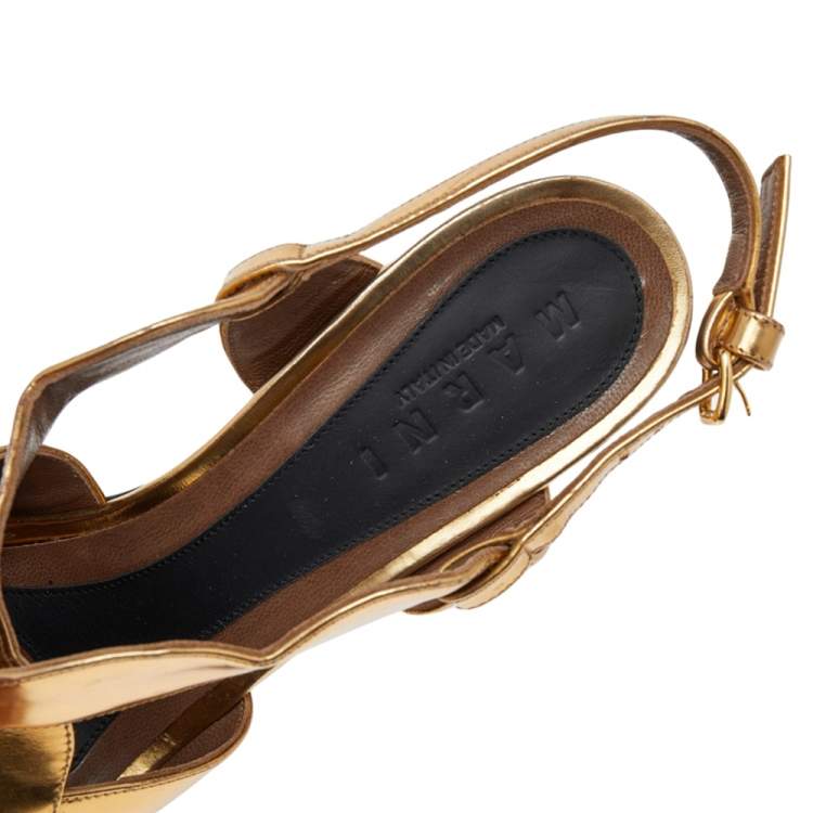 Pre Owned Marni Gold Patent Leather Peep Toe Platform Sandals Size 41
