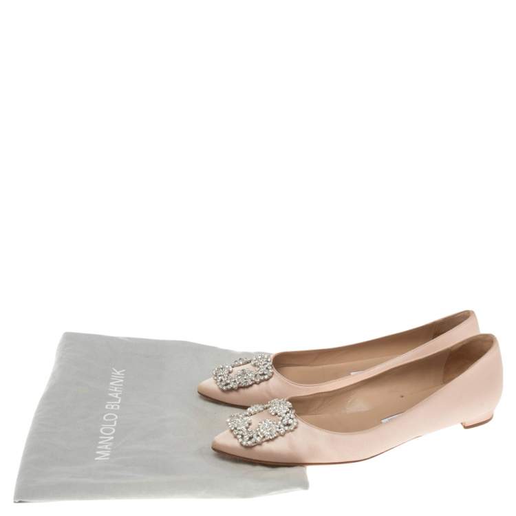 Pre Owned Manolo Blahnik  Beige Satin Hangisi  Ballet Flats Size 37.5