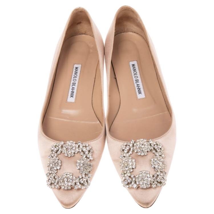 Pre Owned Manolo Blahnik  Beige Satin Hangisi  Ballet Flats Size 37.5