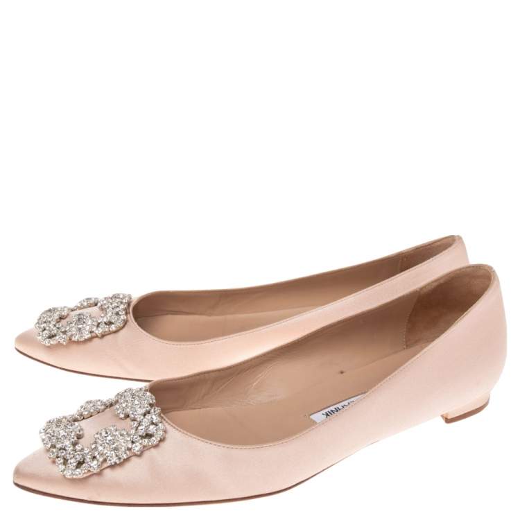 Pre Owned Manolo Blahnik  Beige Satin Hangisi  Ballet Flats Size 37.5