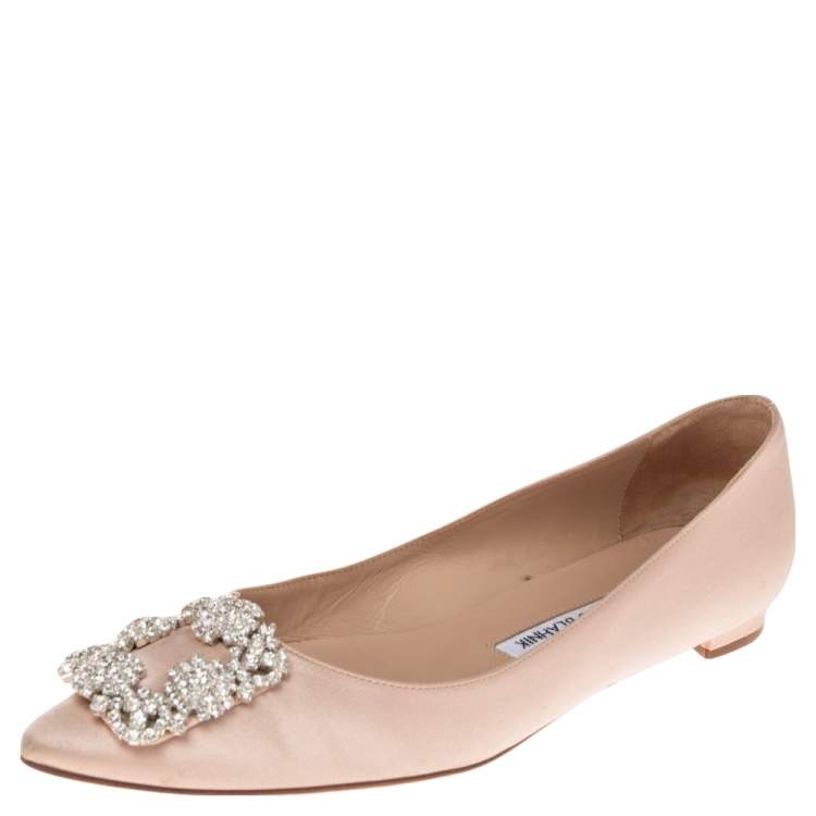 Pre Owned Manolo Blahnik  Beige Satin Hangisi  Ballet Flats Size 37.5
