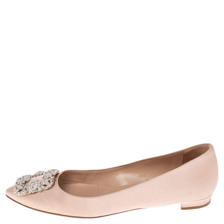 Pre Owned Manolo Blahnik  Beige Satin Hangisi  Ballet Flats Size 37.5