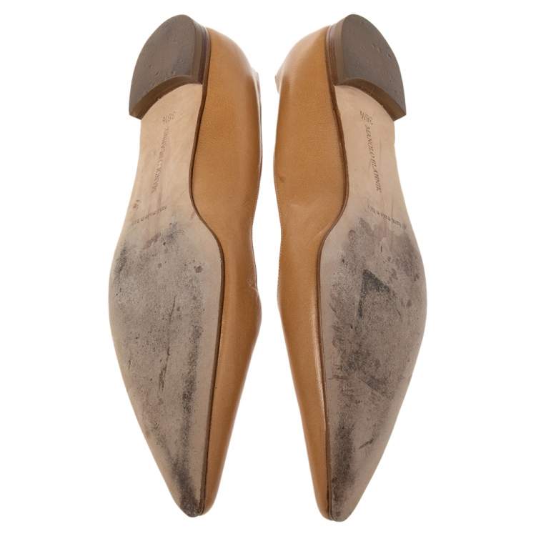 Pre Owned Manolo Blahnik Tan Leather Titto Pointed Toe Ballet Flats Size 36.5